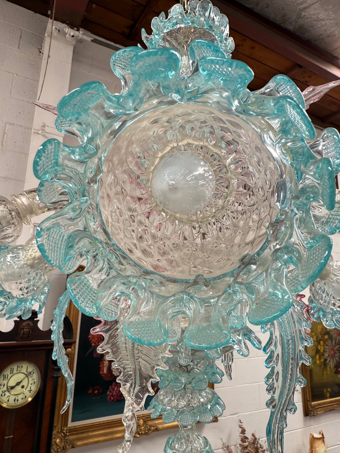 Beautiful Italian Murano Glass Six Branch Light with Pink and Blue Flowers and Leaves