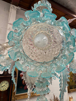 Beautiful Italian Murano Glass Six Branch Light with Pink and Blue Flowers and Leaves | Antique & Vintage | Moonee Ponds Antiques | Australia Wide Delivery
