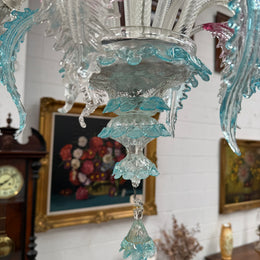 Beautiful Italian Murano Glass Six Branch Light with Pink and Blue Flowers and Leaves