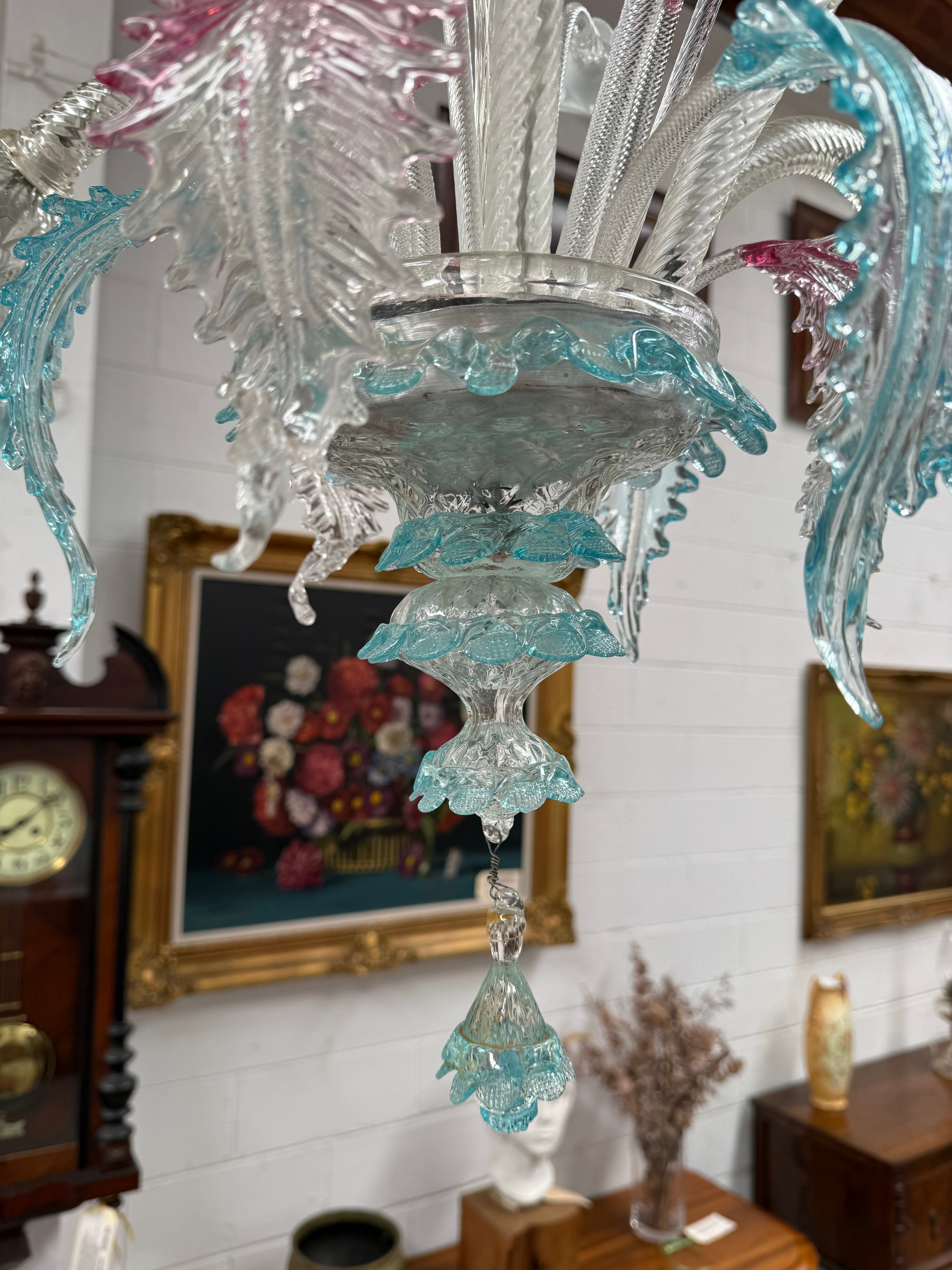 Beautiful Italian Murano Glass Six Branch Light with Pink and Blue Flowers and Leaves | Antique & Vintage | Moonee Ponds Antiques | Australia Wide