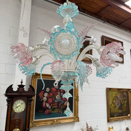 Beautiful Italian Murano Glass Six Branch Light with Pink and Blue Flowers and Leaves