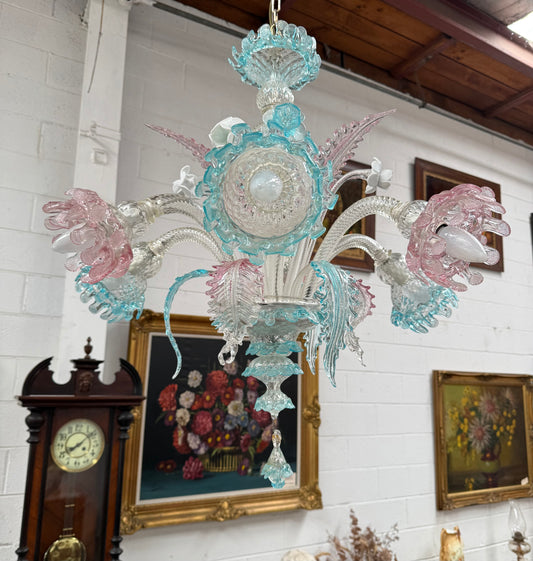 Beautiful Italian Murano Glass Six Branch Light with Pink and Blue Flowers and Leaves