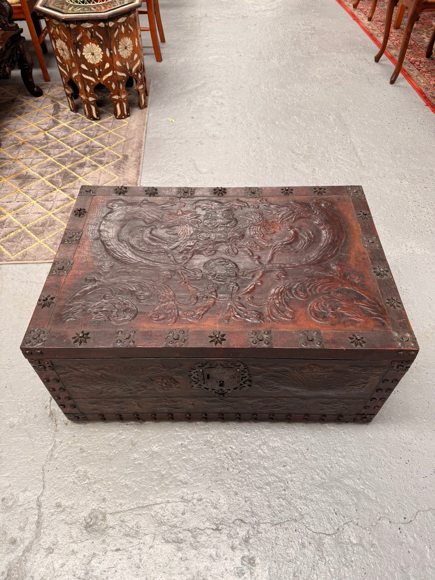 Victorian Arts & Crafts Leather Embossed Trunk