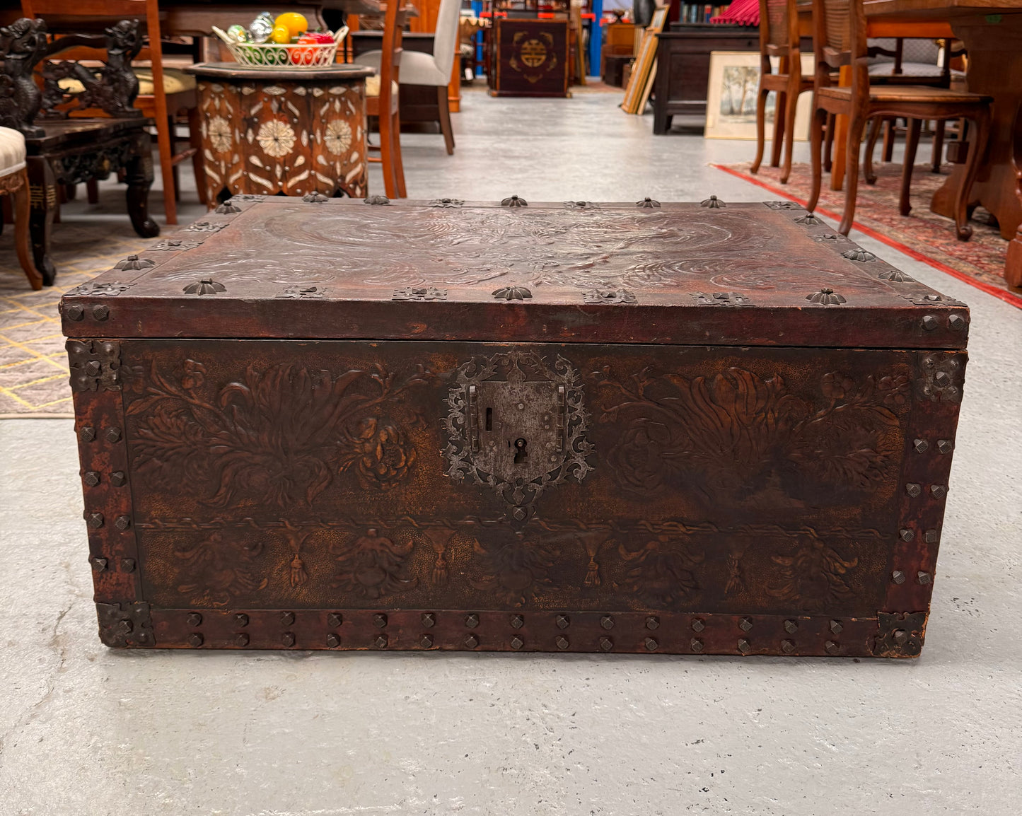 Victorian Arts & Crafts Leather Embossed Trunk