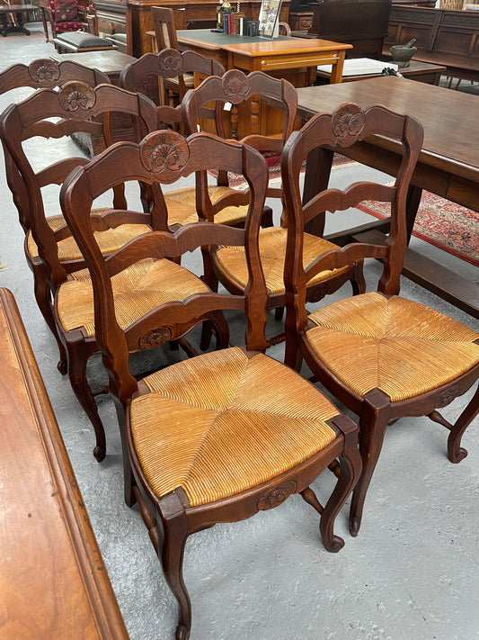 Set of 6 French Louis XV Style Rush Seat Dining Chairs