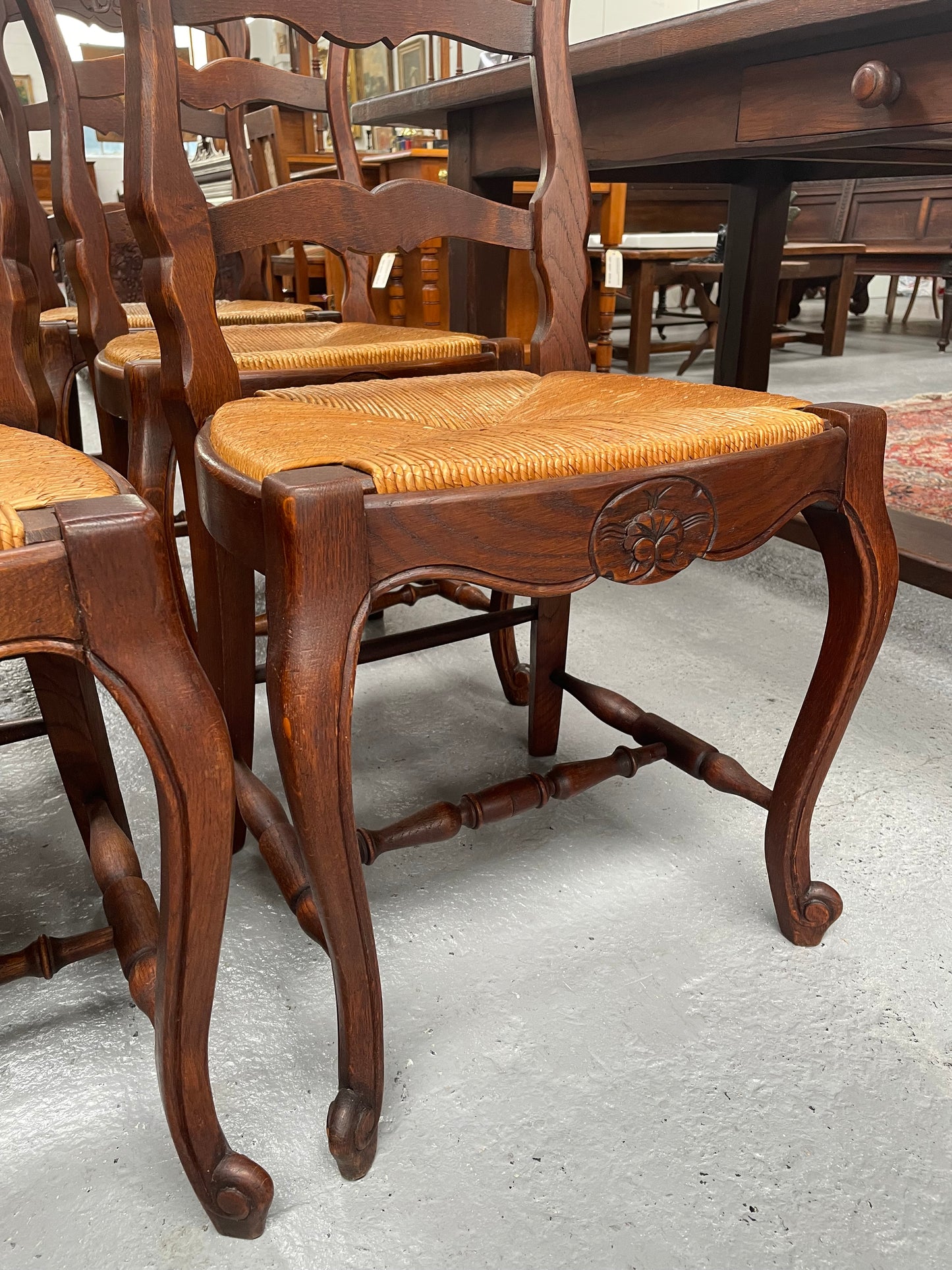 Set of 6 French Louis XV Style Rush Seat Dining Chairs
