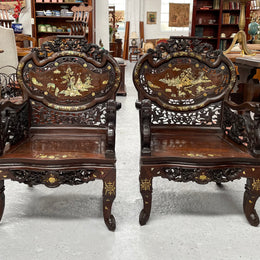 Pair Intricately Carved Rose Wood  & Inlaid Mother Of Pearl Oriental Armchairs