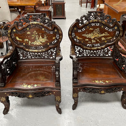 Pair Intricately Carved Rose Wood  & Inlaid Mother Of Pearl Oriental Armchairs