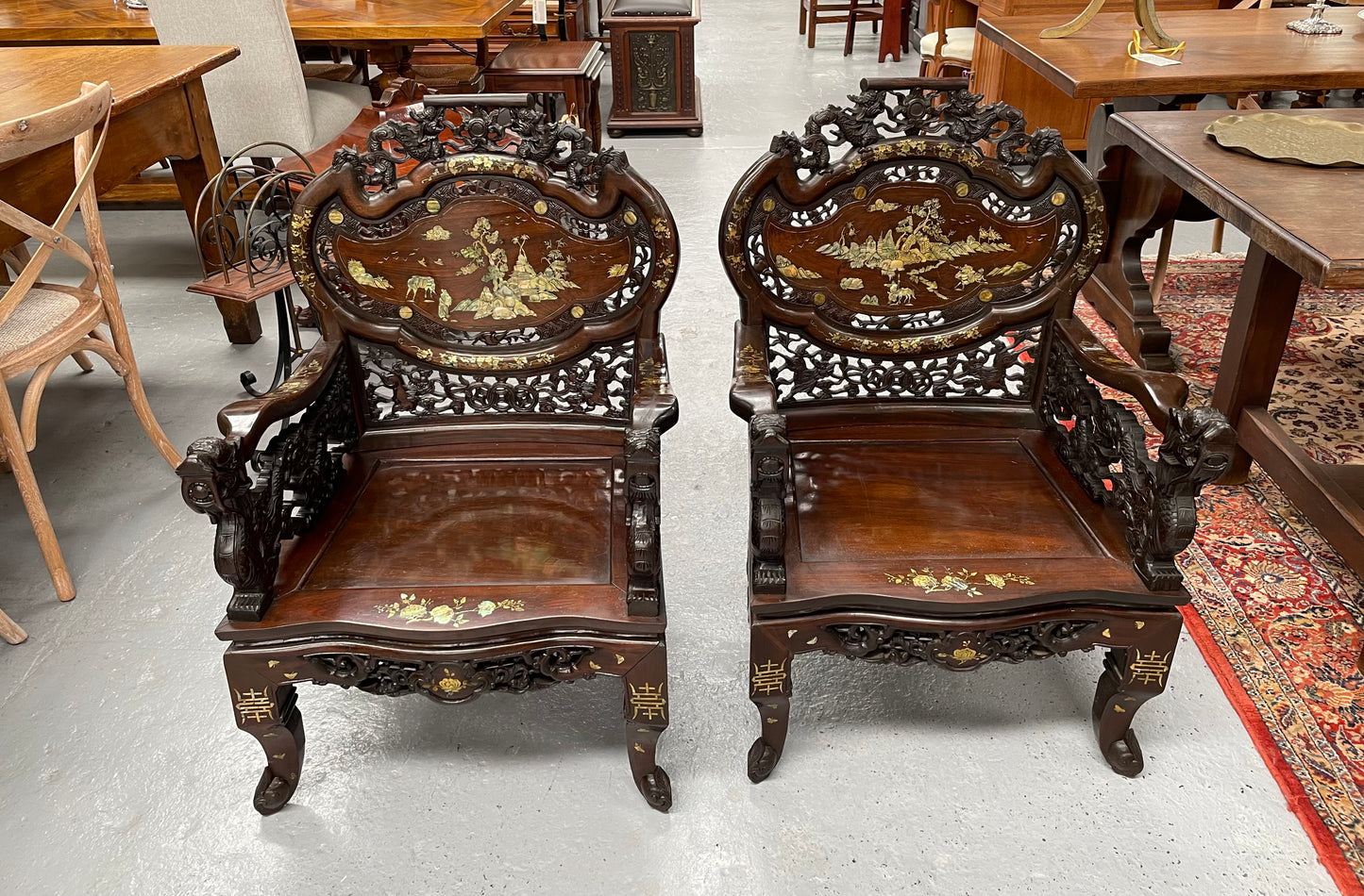 Pair Intricately Carved Rose Wood  & Inlaid Mother Of Pearl Oriental Armchairs