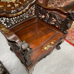 Pair Intricately Carved Rose Wood  & Inlaid Mother Of Pearl Oriental Armchairs