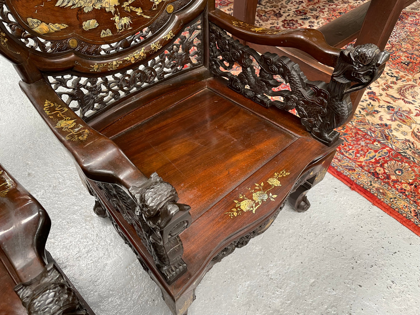 Pair Intricately Carved Rose Wood  & Inlaid Mother Of Pearl Oriental Armchairs