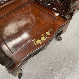 Pair Intricately Carved Rose Wood  & Inlaid Mother Of Pearl Oriental Armchairs