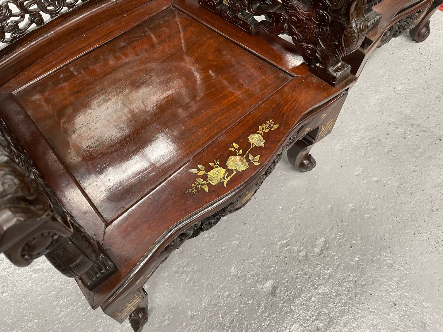 Pair Intricately Carved Rose Wood  & Inlaid Mother Of Pearl Oriental Armchairs
