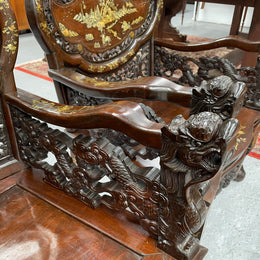 Pair Intricately Carved Rose Wood  & Inlaid Mother Of Pearl Oriental Armchairs
