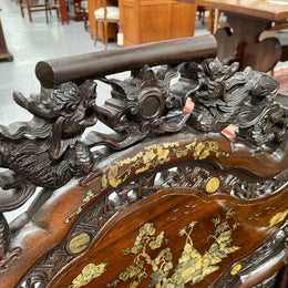 Pair Intricately Carved Rose Wood  & Inlaid Mother Of Pearl Oriental Armchairs