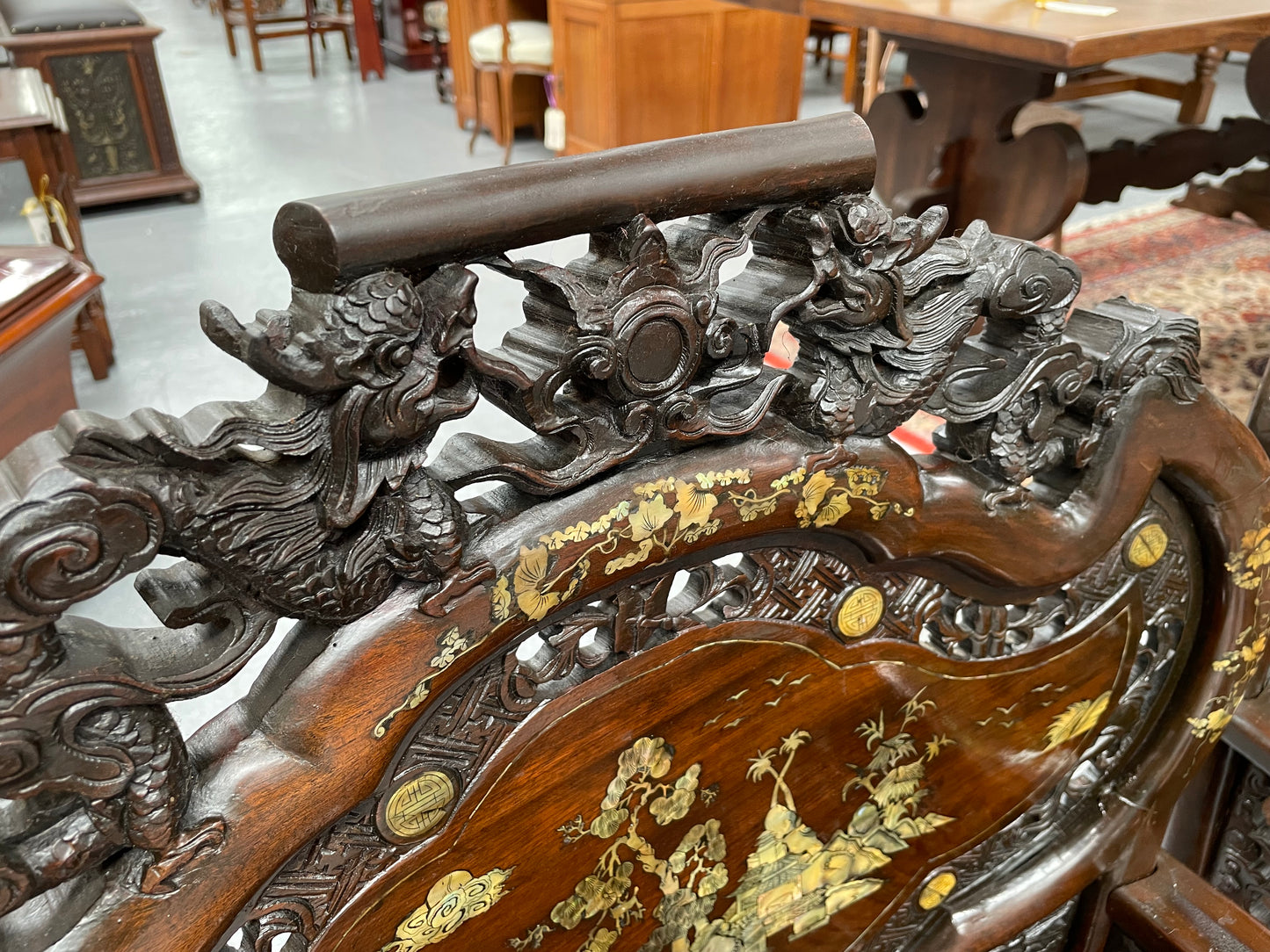 Pair Intricately Carved Rose Wood  & Inlaid Mother Of Pearl Oriental Armchairs