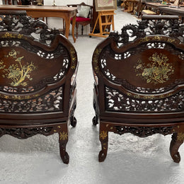 Pair Intricately Carved Rose Wood  & Inlaid Mother Of Pearl Oriental Armchairs
