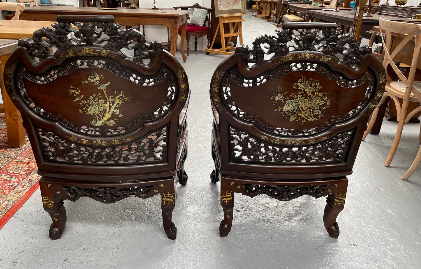 Pair Intricately Carved Rose Wood  & Inlaid Mother Of Pearl Oriental Armchairs