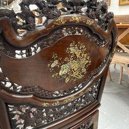 Pair Intricately Carved Rose Wood  & Inlaid Mother Of Pearl Oriental Armchairs