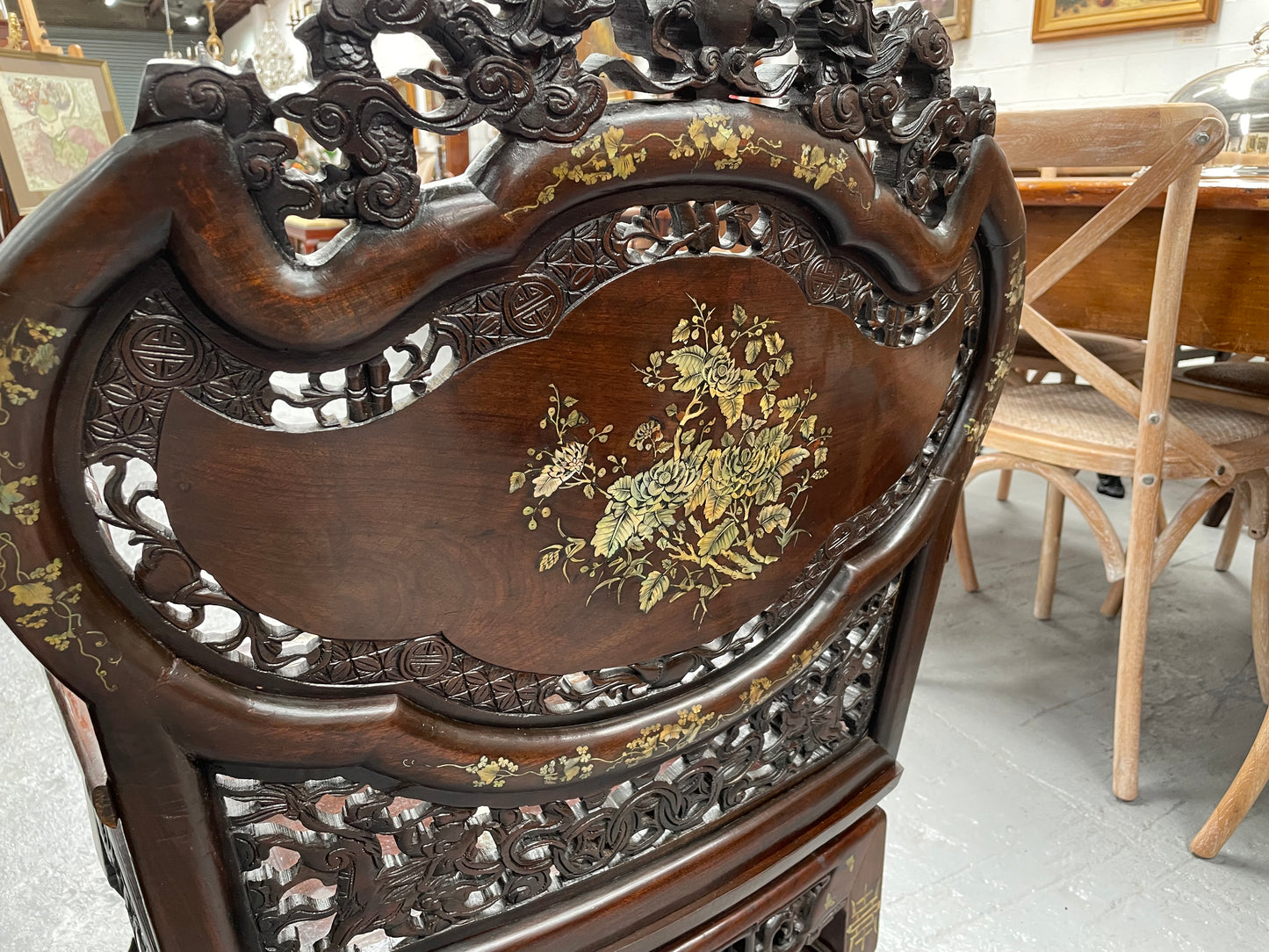 Pair Intricately Carved Rose Wood  & Inlaid Mother Of Pearl Oriental Armchairs