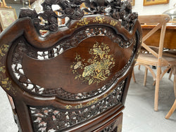 Pair Intricately Carved Rose Wood & Inlaid Mother Of Pearl Oriental Armchairs | Antique & Vintage | Moonee Ponds Antiques | Australia Wide Delivery