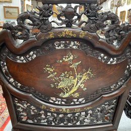Pair Intricately Carved Rose Wood  & Inlaid Mother Of Pearl Oriental Armchairs