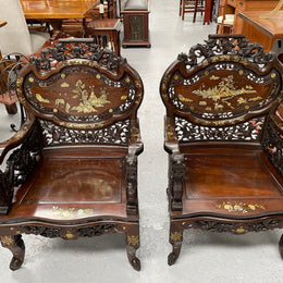 Pair Intricately Carved Rose Wood  & Inlaid Mother Of Pearl Oriental Armchairs
