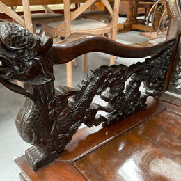 Pair Intricately Carved Rose Wood  & Inlaid Mother Of Pearl Oriental Armchairs