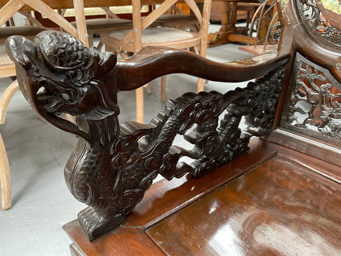 Pair Intricately Carved Rose Wood  & Inlaid Mother Of Pearl Oriental Armchairs