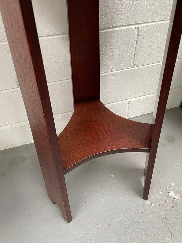 Practical round Arts and Crafts side table stained in a mahogany colour. Sourced locally and in good original condition. Please see all photos as they form part of the description and condition.