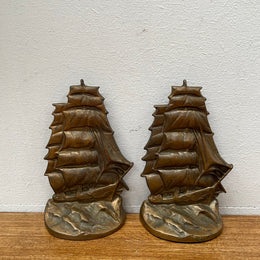 Vintage Pair Bronze Ship Bookends