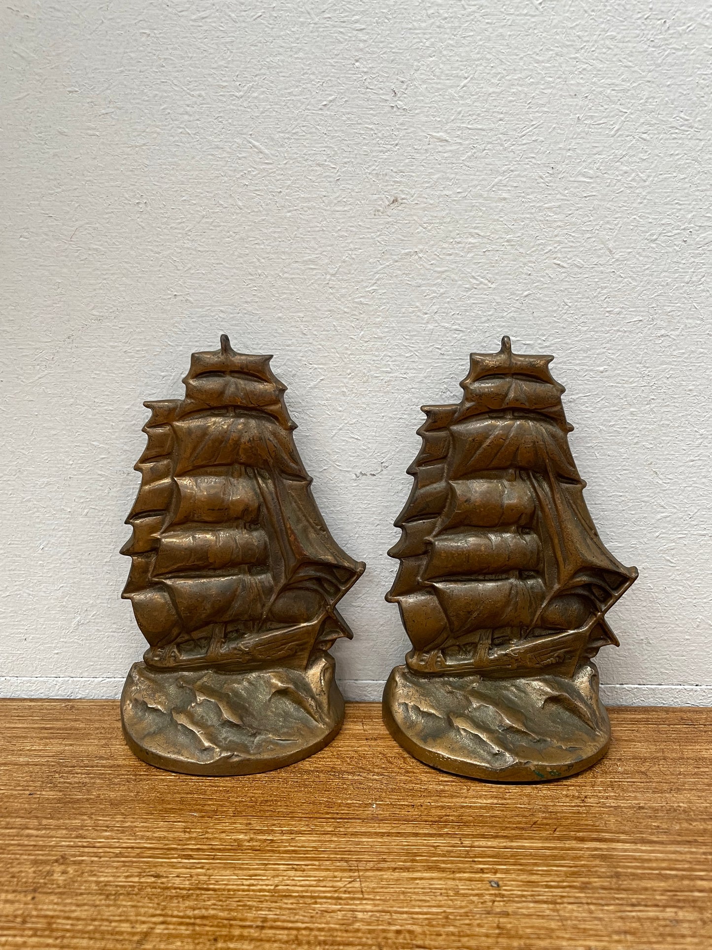 Vintage Pair Bronze Ship Bookends