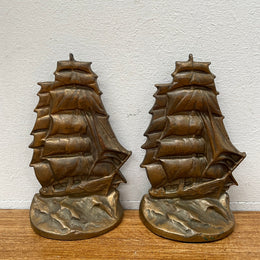 Vintage Pair Bronze Ship Bookends