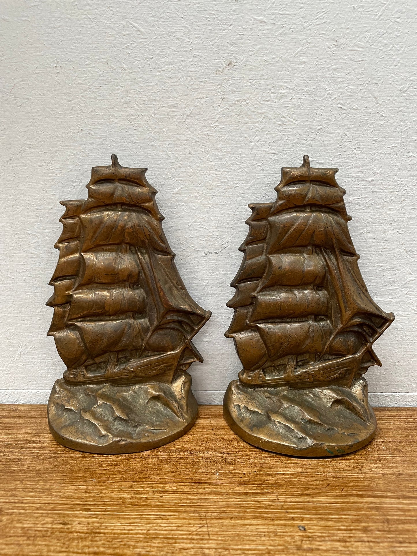 Vintage Pair Bronze Ship Bookends