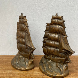 Vintage Pair Bronze Ship Bookends