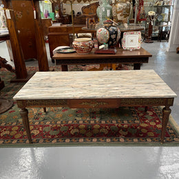 Impressive Louis XVI style walnut coffee table. Stunning marble top, gilt mounts and fluted legs. Circa: 1950's. In good original condition.