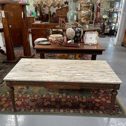 Impressive Louis XVI style walnut coffee table. Stunning marble top, gilt mounts and fluted legs. Circa: 1950's. In good original condition.