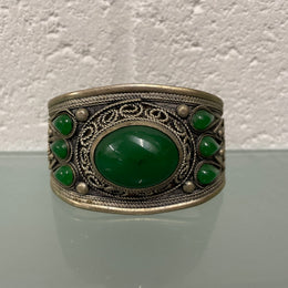 Vintage Asian Silver Wide Cuff With Green Stones