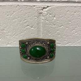 Vintage Asian Silver Wide Cuff With Green Stones