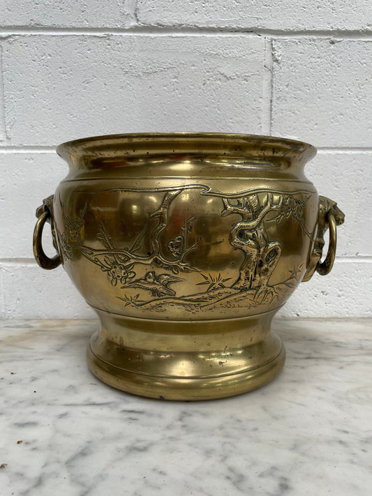 Large Vintage Heavy Rustic Brass Oriental Jardiniere