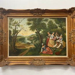 Lovely framed original oil painting on canvas on board sourced from France. Depicting a group of people in the countryside. In a ornate gilt frame and in good original condition.
