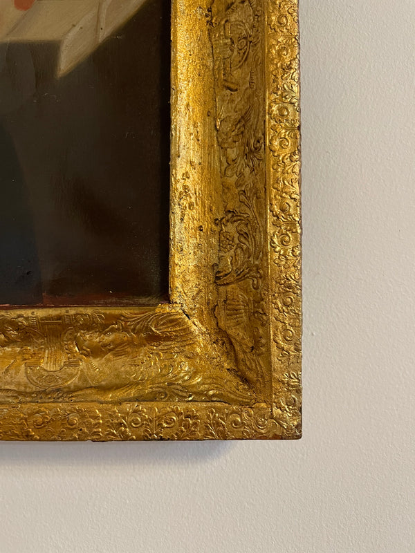 Beautiful pair of European oil on canvas portrait paintings framed in rustic gilt frames.&nbsp; They are in good original detailed condition. Please see all photos as they form part of the description and condition.