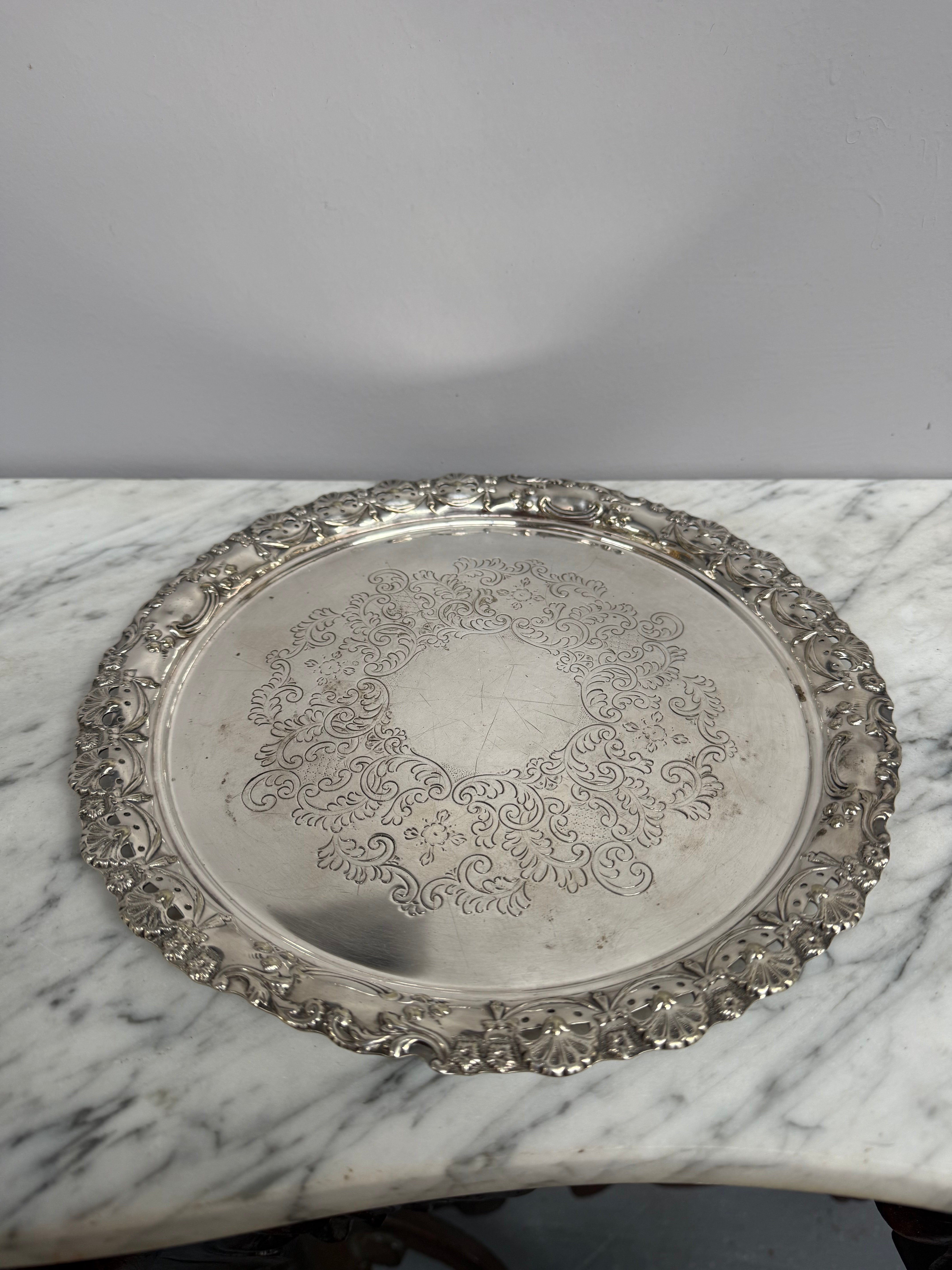 Vintage Pierced Round Embossed Decorated Silver Plated Tray