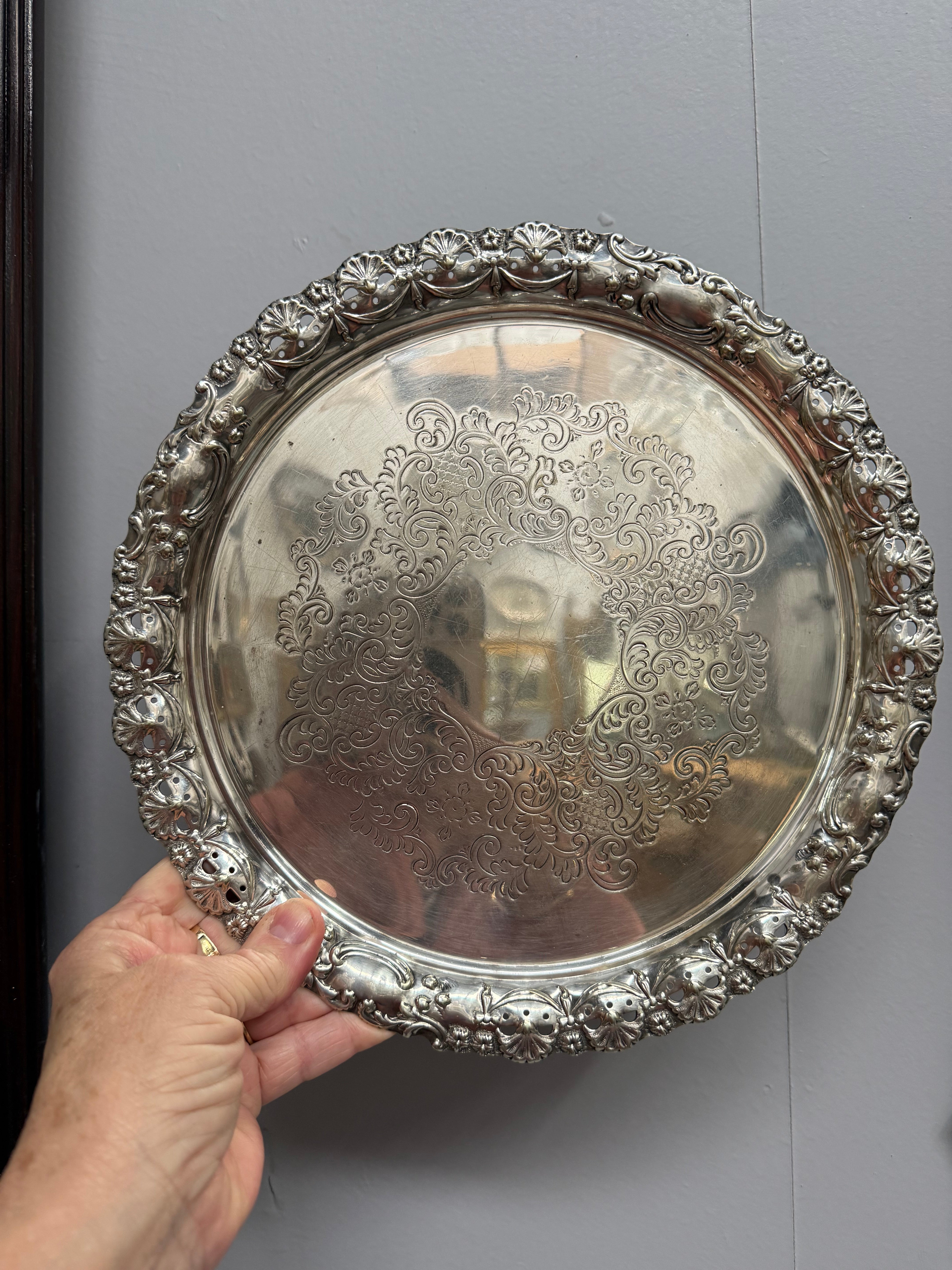 Vintage Pierced Round Embossed Decorated Silver Plated Tray
