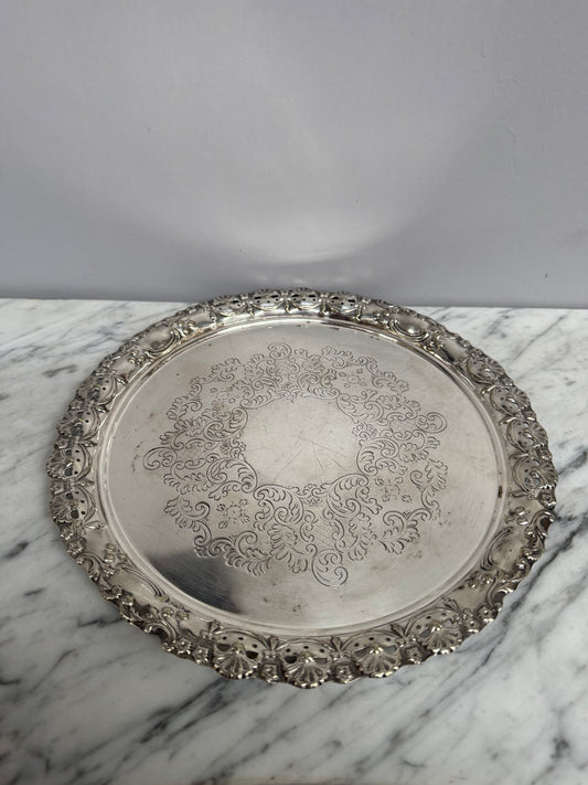 Vintage Pierced Round Embossed Decorated Silver Plated Tray