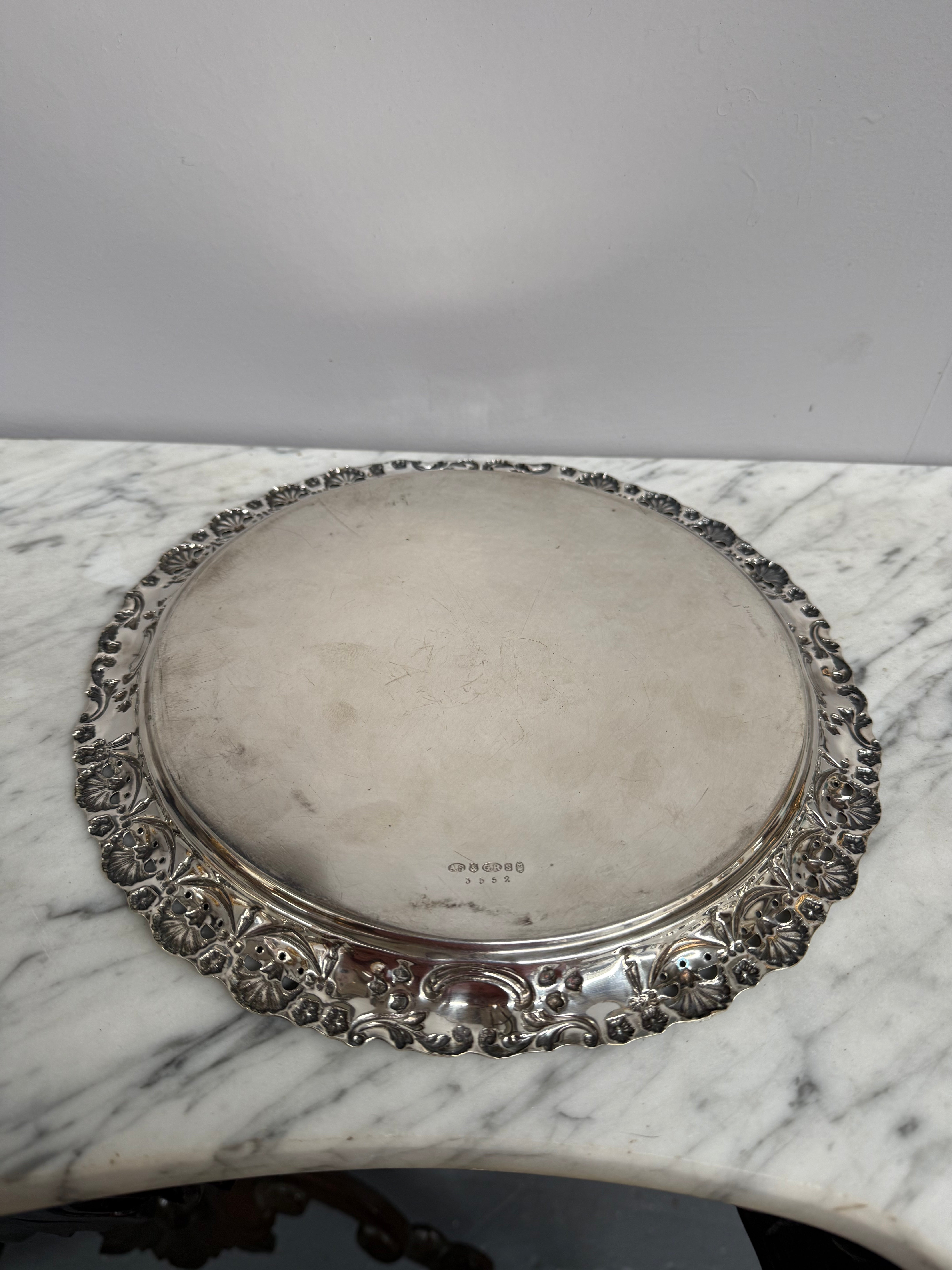 Vintage Pierced Round Embossed Decorated Silver Plated Tray