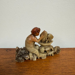 Vintage Carved Soapstone Monkey & Fruit