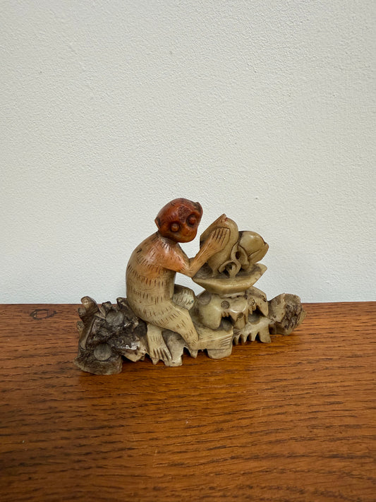 Vintage Carved Soapstone Monkey & Fruit
