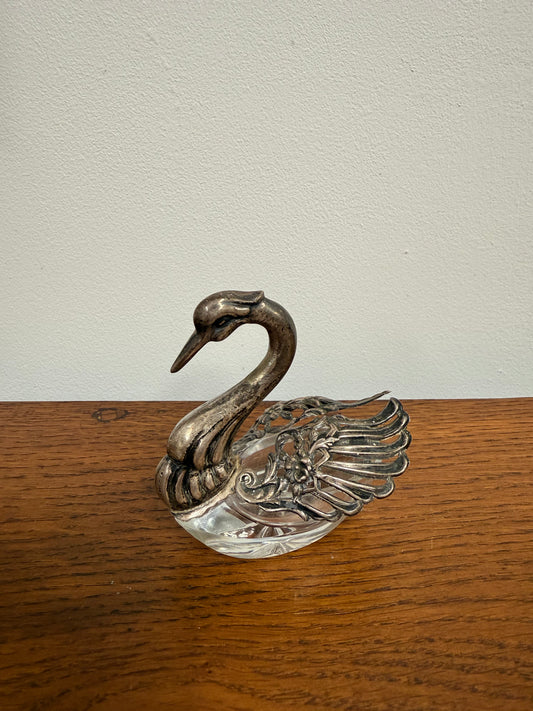 Antique Sterling Silver (925) Crystal Swan Salt Cellar