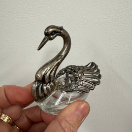 Antique Sterling Silver (925) Crystal Swan Salt Cellar